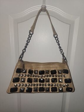 Beige Embellished Shoulder Bag with Black Gem Accents